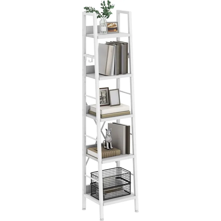 YITAHOME Bücherregal mit 5 Ebenen, industrielles Leiterregal, freistehendes Bücherregal, Holzregale und Metallrahmen, Bücherregal, modernes Regal für Wohnzimmer, Flur, Büro, reinweißes Bücherregal