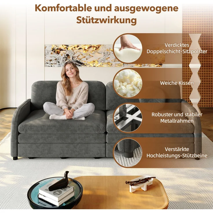 ZUBALIYA 206 cm King-Size ausziehbares 3-Sitzer-Sofa, 3-in-1 Schlafsofa, mit losen Kissen und Stautaschen an beiden Seiten, Chenille-Sofa mit Schlaffunktion, Grau, H 89 × T 205 × B 84 cm – Bild 11