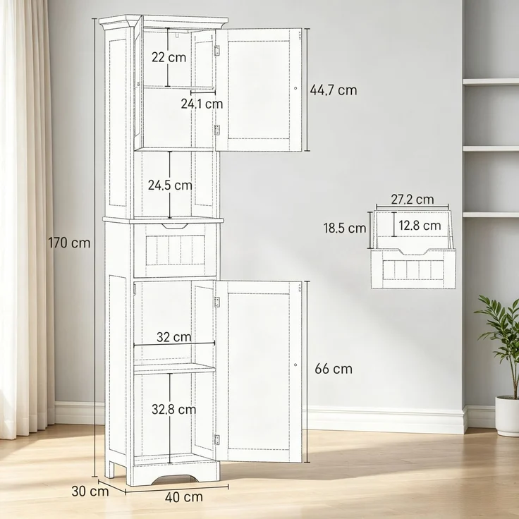 Bad-Hochschrank 40 x 30 x 170 cm mit Sensor-LED und Schublade, Weiß – Bild 3