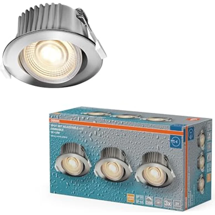 Osram Spot Set LED Einbaustrahler DIM IP44 4,9W Chrom, 3er Set Badezimmer dimmbar schwenkbar, warmweiß 2700K – Bild 1