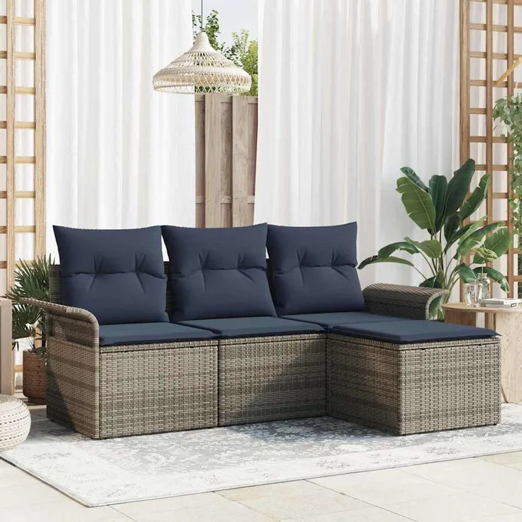 vidaXL Gartensofa-set mit Kissen mit Speicher 4 pcs Grau Poly-Rattan 3353984