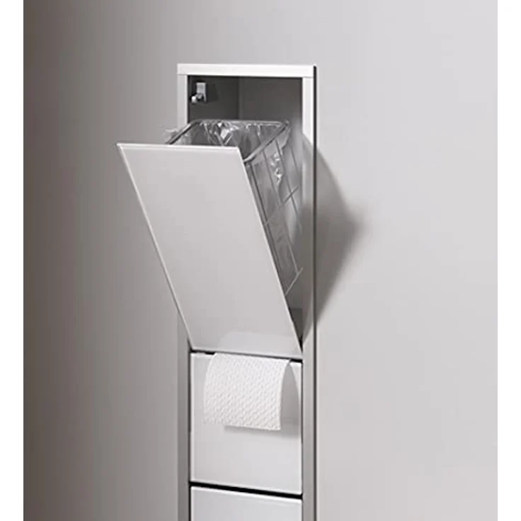 Emco Asis 150 Unterputz-Schrankmodul für das Gäste-WC, Badezimmerschrank als Toilettenpapierhalter, Abfalleimer & Klobürstenhalter, Hochschrank mit Push to Open-Funktion, optiwhite – Bild 5