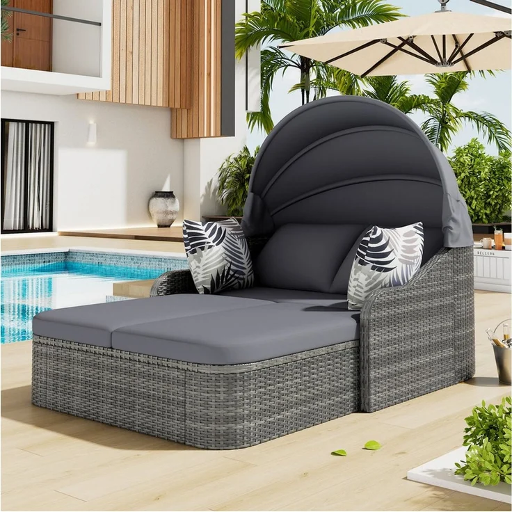 BBWL Doppelliege mit verstellbarem Baldachin, Outdoor Daybed mit Kissen für Garten Pool, Sonneninsel Gartenlounge PE-Rattan Doppel Sonnenliege – Bild 1