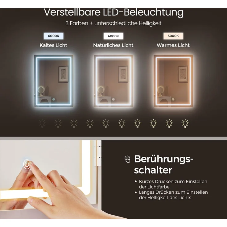Vasagle Schminktisch mit Spiegel, Hocker und LED-Beleuchtung, Holzspanplatte Wolkenweiß, 97,5 x 40 x 145 cm – Bild 3