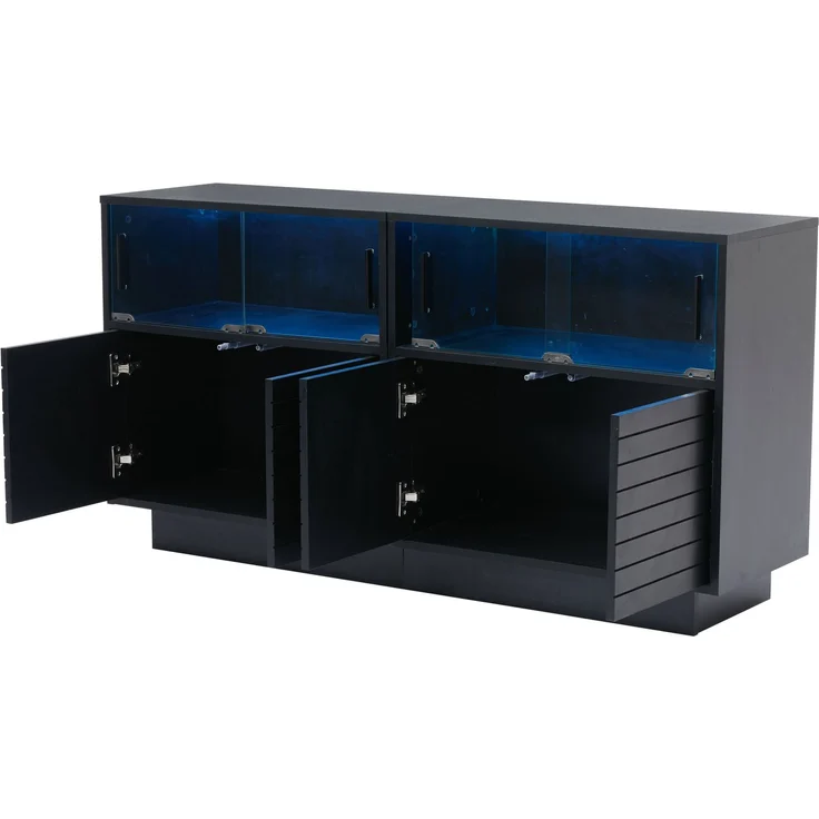 Merax Sideboard mit 2 Kabinett, 4 Fächern, Glastüren, Breite 130 cm, Beistellschrank mit LED-Licht, Wohnraumschrank mit viel Stauraum, Schwarz – Bild 9
