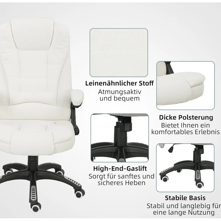 Vinsetto Schreibtischstuhl Bürostuhl mit Vibrationsmassage, Heiz-, Liegefunktion (Massagesessel, 1 St), für Wohnbereich, Weiß – Bild 9