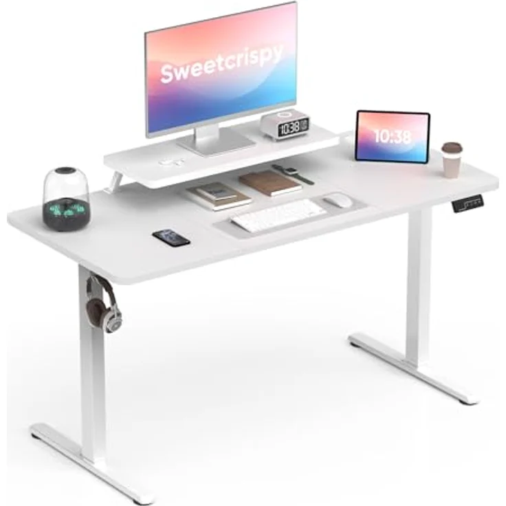 Sweetcrispy Höhenverstellbarer Schreibtisch mit Monitorständer, 140x60 cm Schreibtisch Höhenverstellbar Elektrisch, Ergonomischer Steh-Sitz Tisch, Computertisch Standing Desk, Weiß – Bild 2
