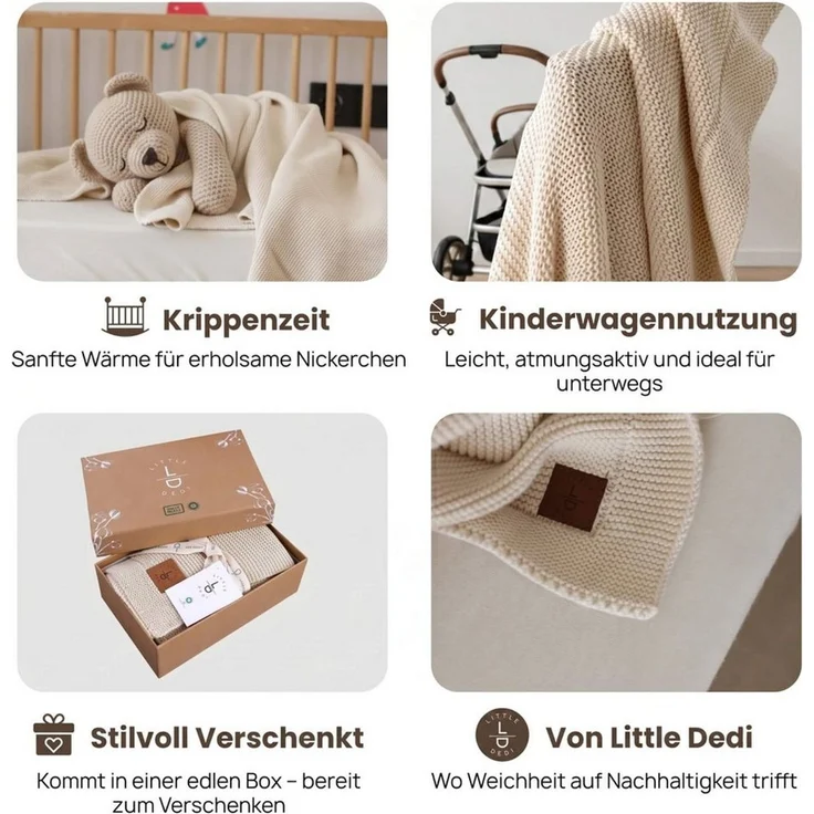 Babydecke Baby Strickdecke, %100 Bio Baumwolle Atmungsaktiv 80x100 cm Natur Beige, Little Dedi – Bild 3