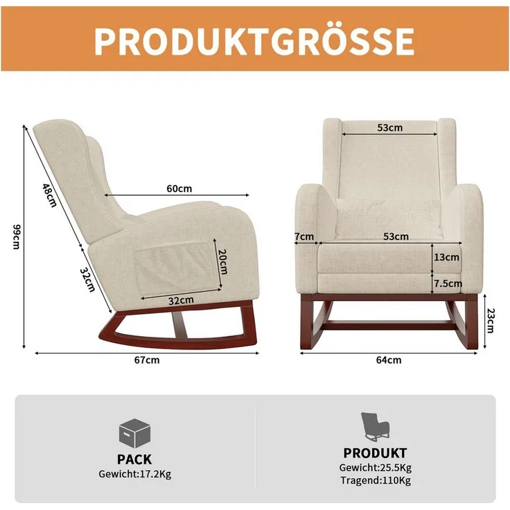 FUROKOY Schaukelstuhl Relaxsessel Stillsessel mit Holzsockel Fußstütze (Set, 1 St), Schaukelsessel,Leinenstoff,2 Seitentaschen,1 Lendenkissen,Beige