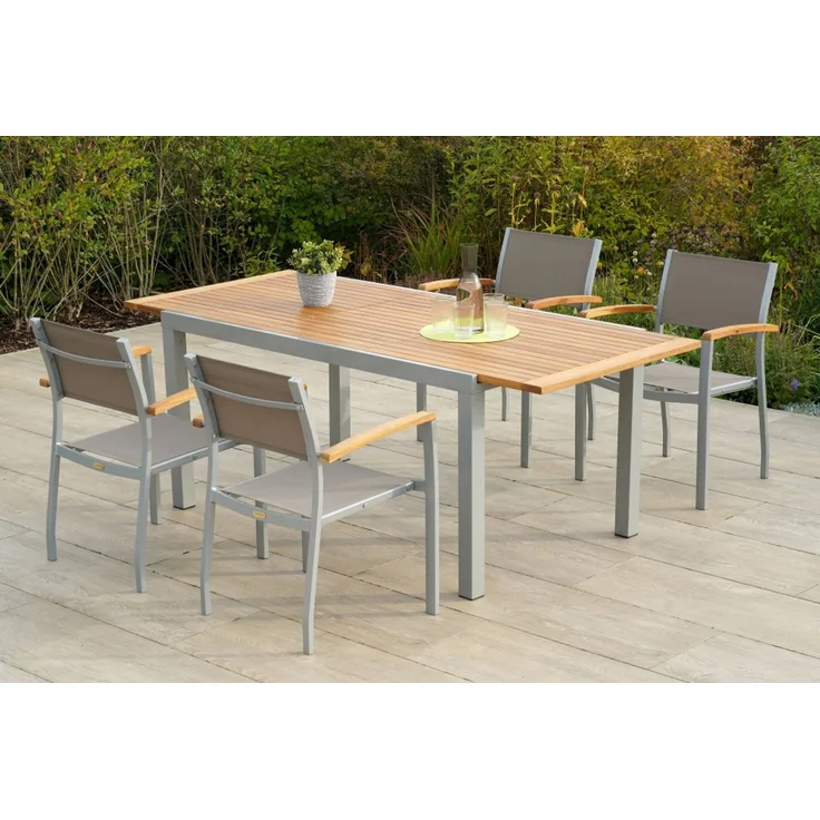 Naxos Set 5tlg, 4 Stapelsessel, Ausziehtisch 150 (200) x 90 cm