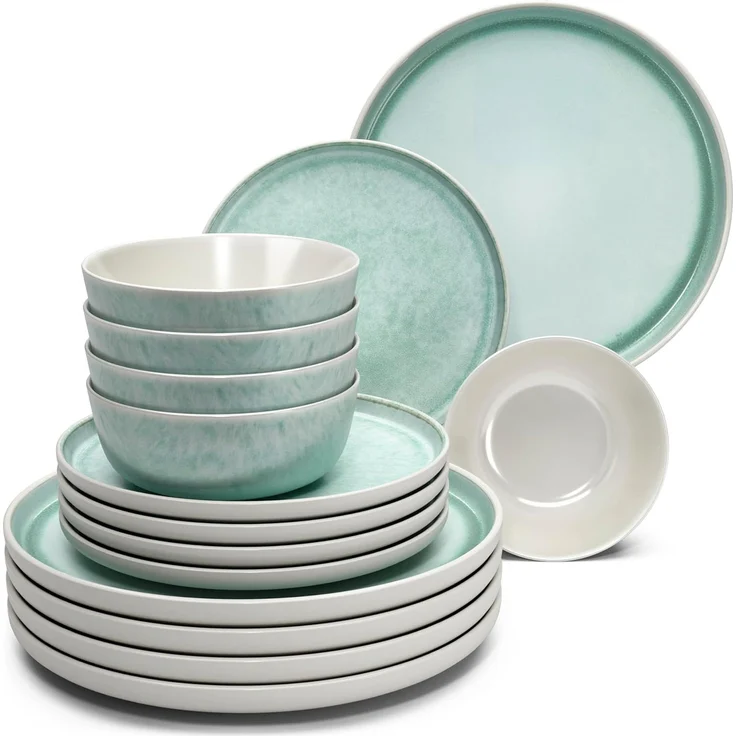 Steingut Geschirrset 4 Personen Ibiza 12 tlg. TESTSIEGER, Hochwertiges Mediterranes Steingut Geschirr Set, Schüssel- und Teller Set, Tafelservice 4 Personen, Geschirrsets Pure Living in Türkis