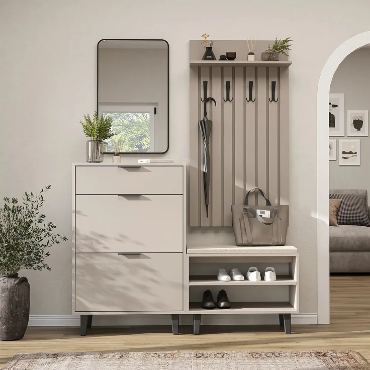 Roomart NORD Garderobenset 4-teilig – Schuhschrank, Sitzbank, Garderobenpaneel 130 cm & Spiegel – Flurgarderobe – H 112 x B 73.6 x T 35 cm (Schuhschrank) • Beige – Bild 2