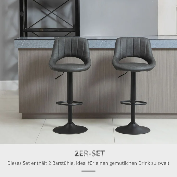 Barhocker 2er-Set, Lederoptik, drehbar, höhenverstellbar, Fußstütze, Metallrahmen, 47 x 52 x 87-109 cm, Grau--Grau--109x47x52cm--YOUDENOVA – Bild 6