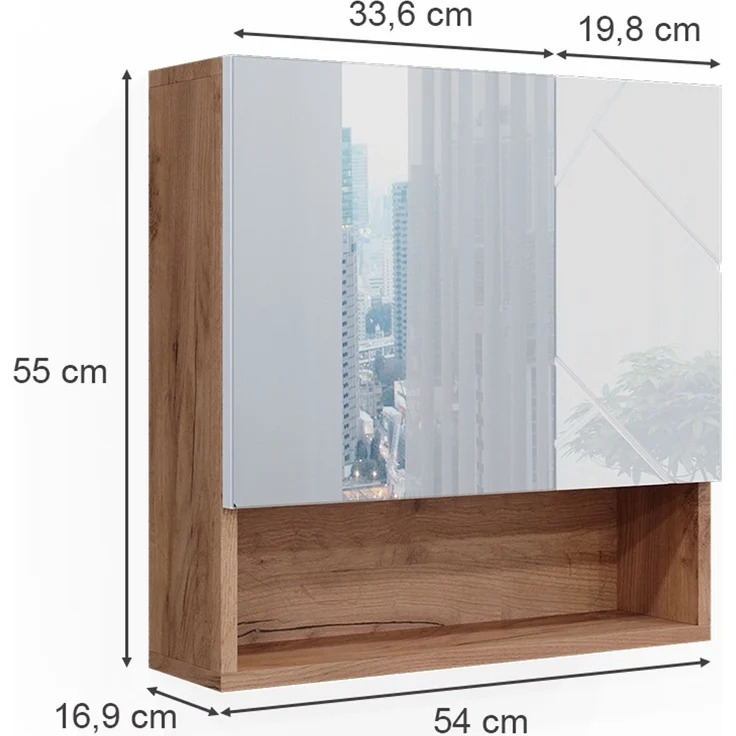 Badspiegelschrank Irma Weiß Hochglanz/Goldkraft Eiche 54 x 55 cm Vicco – Bild 3