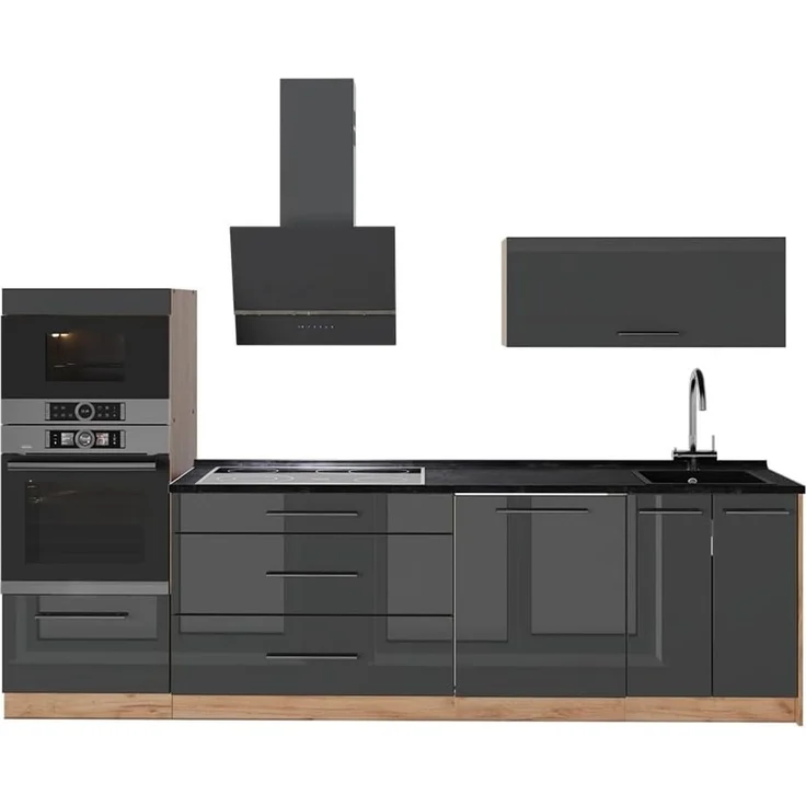 Küchenzeile Fame-Line Anthrazit Hochglanz/Goldkraft Eiche 280 cm, AP Anthrazit Vicco – Bild 1