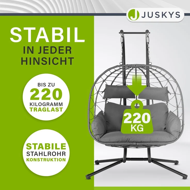 Juskys Doppelhängesessel Aria - Polyrattan Hängesessel mit Gestell & Kissen - Schaukel für zwei Personen - Outdoor Indoor Sessel - XXL Korb Grau – Bild 5