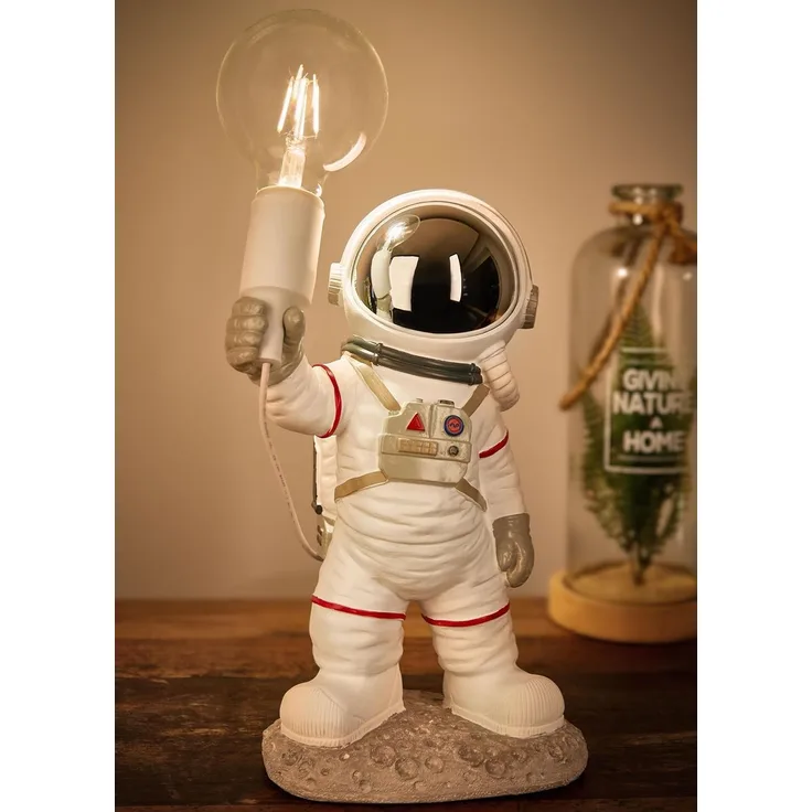 BRUBAKER Nachttischlampe Astronauten Tischlampe - 40 cm Weltraum Nachttischlampe, mit E27 Fassung und USB-C Stecker, ohne Leuchtmittel, Handbemalte Raumfahrt Dekofigur Statue - Weiß