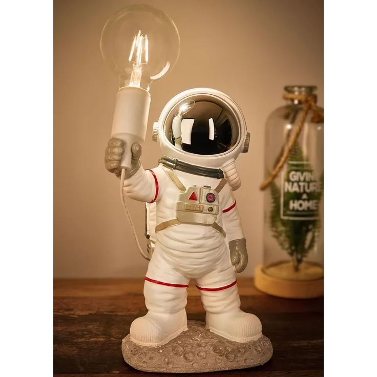 BRUBAKER Nachttischlampe Astronauten Tischlampe - 40 cm Weltraum Nachttischlampe, mit E27 Fassung und USB-C Stecker, ohne Leuchtmittel, Handbemalte Raumfahrt Dekofigur Statue - Weiß