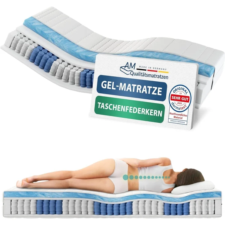 AM Qualitätsmatratzen - Gelschaum-Matratze 80x200 cm H2 - Taschenfederkernmatratze Gelschaum 80x200 - Matratze mit integrierter 6 cm Gel-Auflage - 24 cm Höhe - Made in Germany