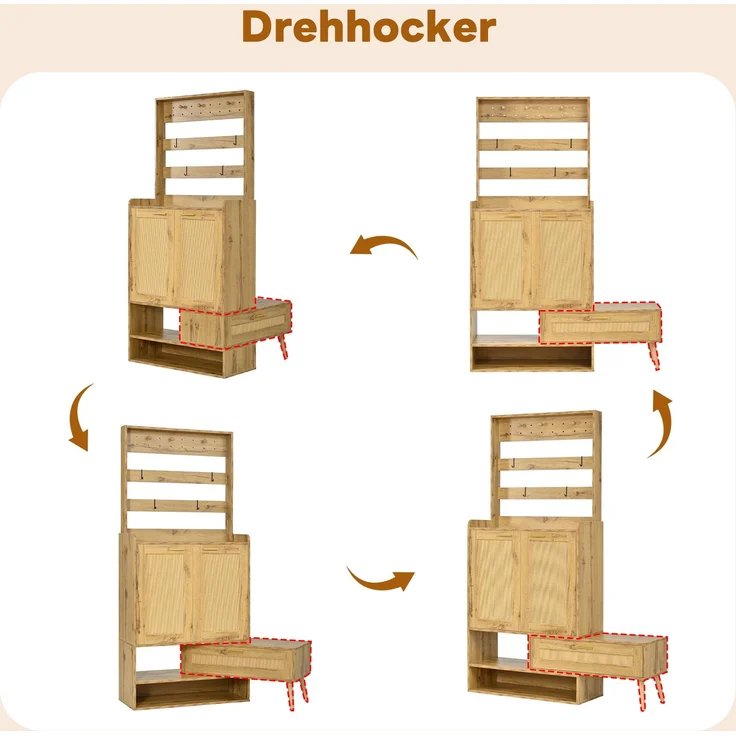 Flieks Garderobenschrank mit drehbarer Sitzbank, 2 PVC-Geflechttüren, Schuhablage und Kleiderhaken, 123.5 x 35 x 180 cm, Naturholzoptik – Bild 4