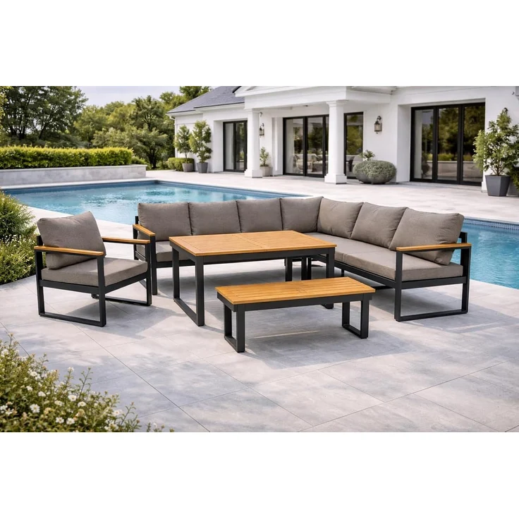 DEGAMO KAMPALA Funktiosn Eckbank- Set, Alu + Akazie, anthrazit/braun, 4-teilig 252x187cm – Bild 2