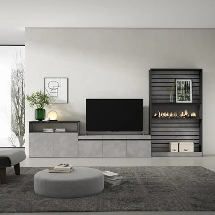 Skraut Home | Wohnwand Wohnzimmer | Wohnzimmermöbel, Möbelset | 360x186x35cm | Für TV-Geräte bis zu 65" | Elektrokamin | Moderner Stil | Zement – Bild 2