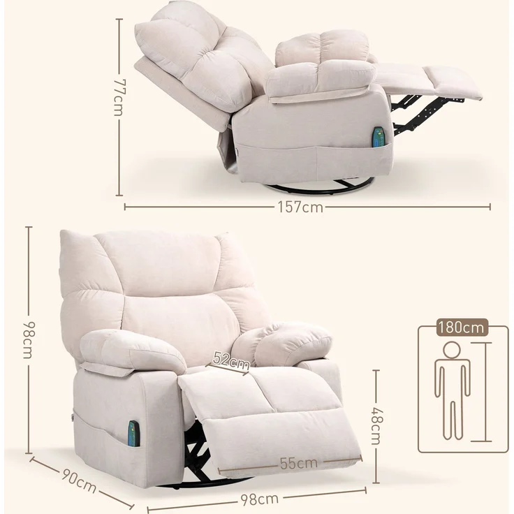 Wohnora-Massagesessel mit Wärme- & Liegefunktion, drehbar, bis 150 kg, Metallgestell, 98x90x98cm, Beige,H 980cm x T 980cm x B 900cm – Bild 4