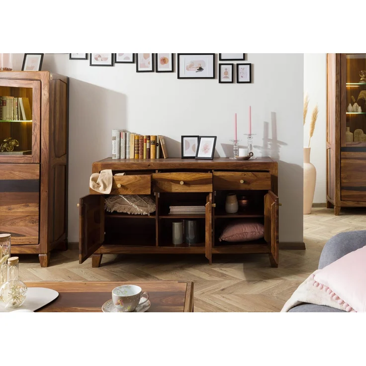 Sideboard Sheesham 140 x 45 x 80 dunkelbraun lackiert ANCONA #222 – Bild 4
