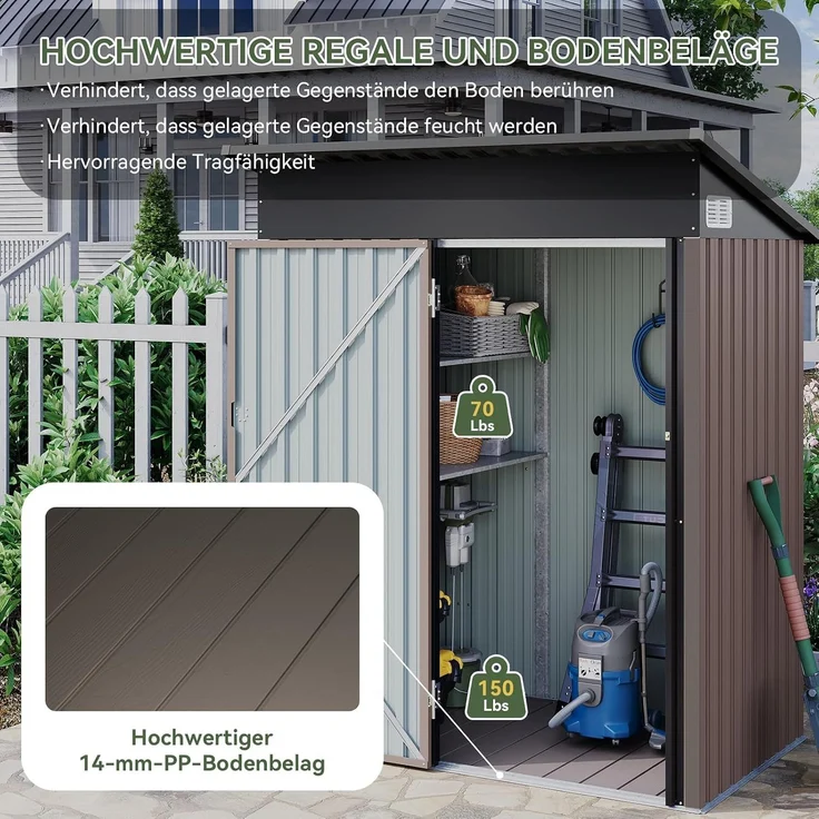 Aoxun Metall Gerätehaus mit Boden & 2 verstellbaren Einlegeböden, 150x91 x 185 cm, Outdoor-Schuppen, mit Lüftungsschlitz und Schiebetür, Werkzeugaufbewahrung, Fahrradschuppen, für Terrasse, Rasen, Braun – Bild 4
