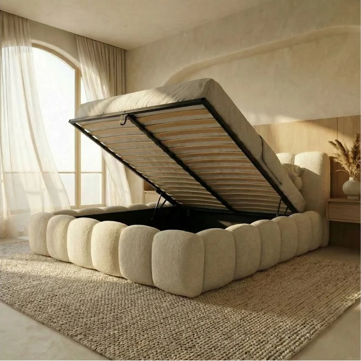 yourhouse24 Polsterbett DALLAS Slim Bubble-Design aus Bouclé, inkl. Bettkasten, Platzsparendes Chunky-Bett mit vertikaler Steppung – Bild 4