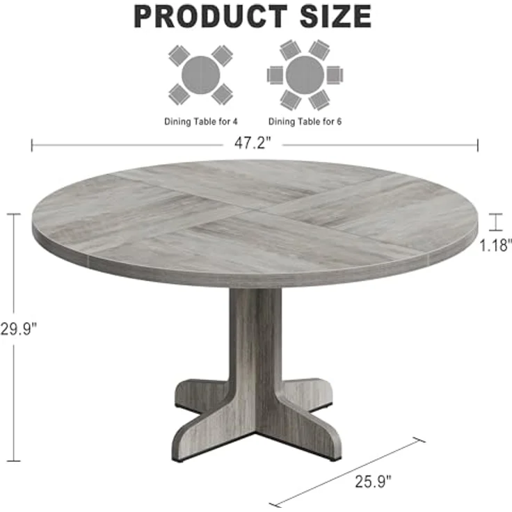 GarveeLife Esstisch 120 cm, Runder Tisch, Holzesstisch, Küchentisch für 4 bis 6 Personen, geeignet für Esszimmer und Küchen, grau – Bild 3