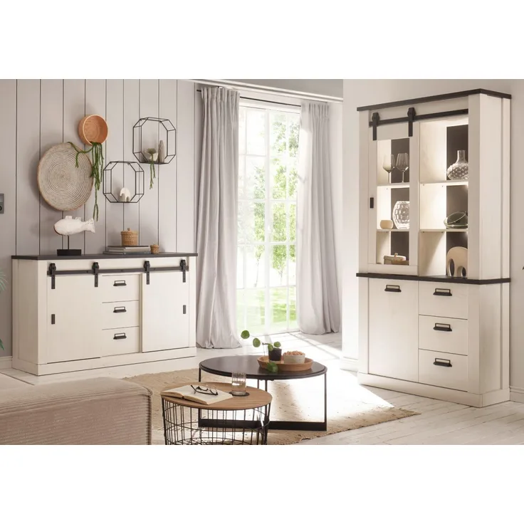 Wohnzimmer Esszimmer Set Stove in weiß Pinie und anthrazit Landhaus