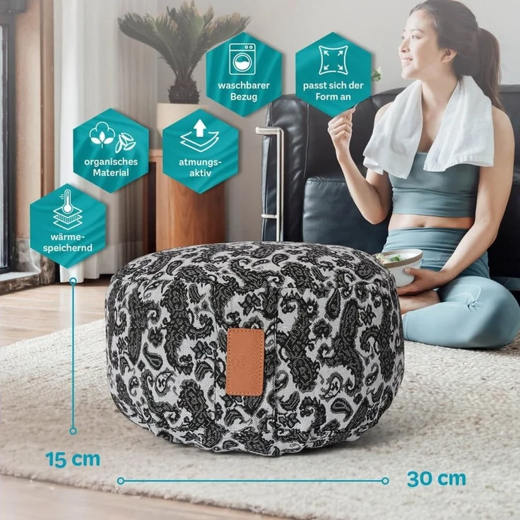 #DoYourYoga Yoga Bolster Kissen Vishnu - gefüllt mit Bio-Dinkelspelz, - Rund 30 x 30 x 15 cm - Style 3 (Weiß-Schwarz) – Bild 3