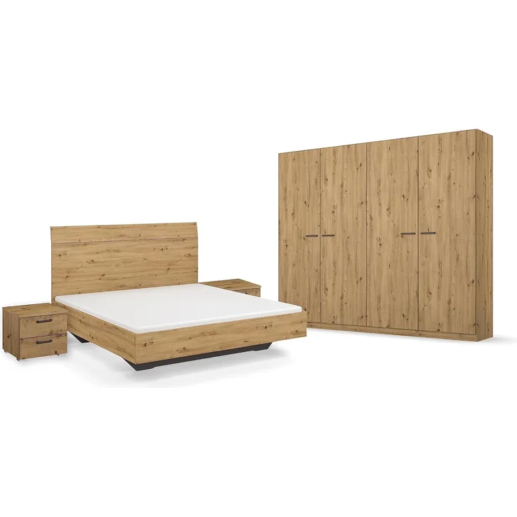 Rauch Möbel Florenz Schlafzimmer, Eiche Artisan, Holz, bestehend aus Bett mit Liegefläche 180x200 cm inklusive 2 Nachttische und Drehtürenschrank BxHxT 226 x 210 x 54 cm