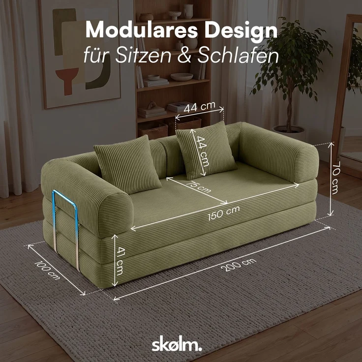 skølm 'Lofn' Modulares Sofa 2 Sitzer, 200x100 cm, Vollschaumcouch mit Metallgestell, Cord olivegrün, Schlafsofa vakuumverpackt, kein Aufbau erforderlich – Bild 9
