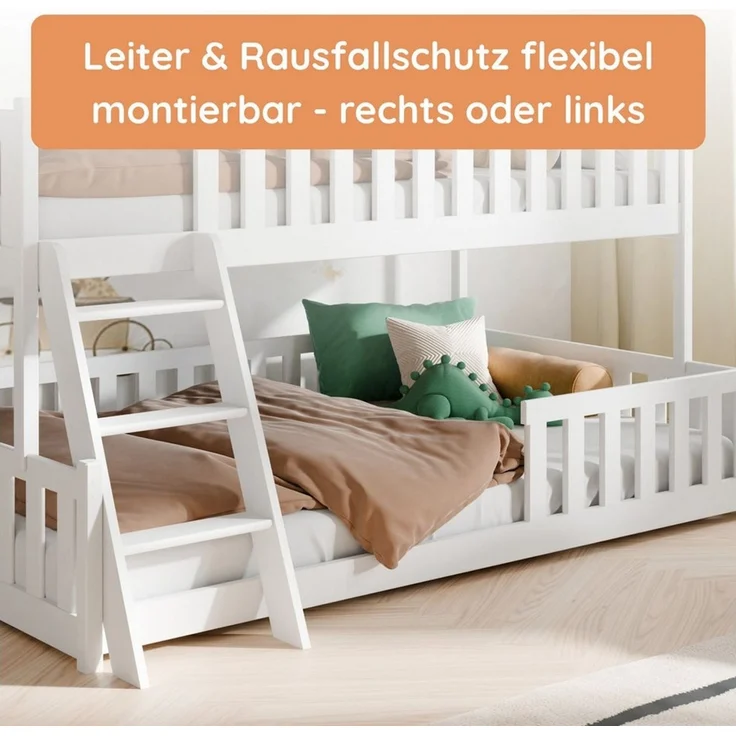 Kids Collective Etagenbett Hochbett Kinderbett 90x200/120x200 cm Rausfallschutz & Lattenrost, Mit Leiter, massives Kiefernholz, Weiß – Bild 4