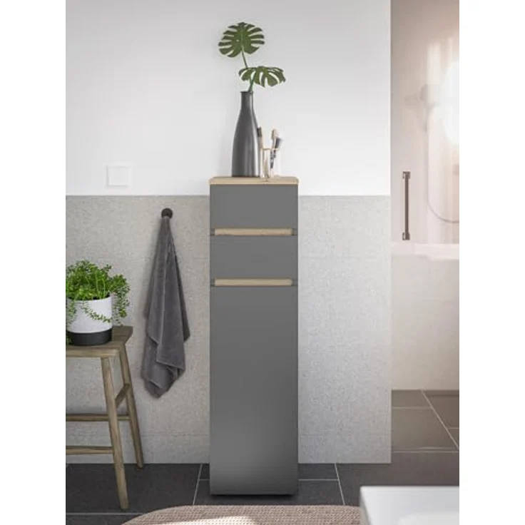 moebel-dich-auf Badkommode LONDRES (Badezimmerschrank Badschrank, mit 1 Tür und 2 Schubkästen, BxH 30x108 cm), in kaschmir oder anthrazit, Absetzung: Cremona Eiche – Bild 4