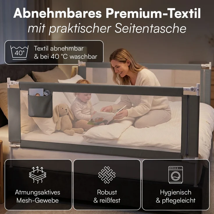 Bellabino 'Drina' Bettschutzgitter, Rausfallschutz klappbar & höhenverstellbar, aus Oxford-Stoff & Metall, 150 cm, dunkelgrau – Bild 5