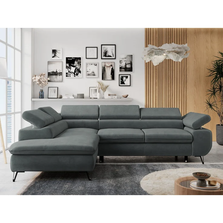 Mks Möbel 'Peter L-form' Ecksofa mit Bettfunktion, Bettkasten & einstellbaren Kopfstützen, Dunkelgrau, Mikrofaser, links – Bild 1