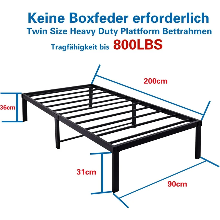 CHICFURN Metallbett 90x200 cm aus Metall mit 31 cm Stauraum und geräuschdämpfenden Kappen Schwarz – Bild 8