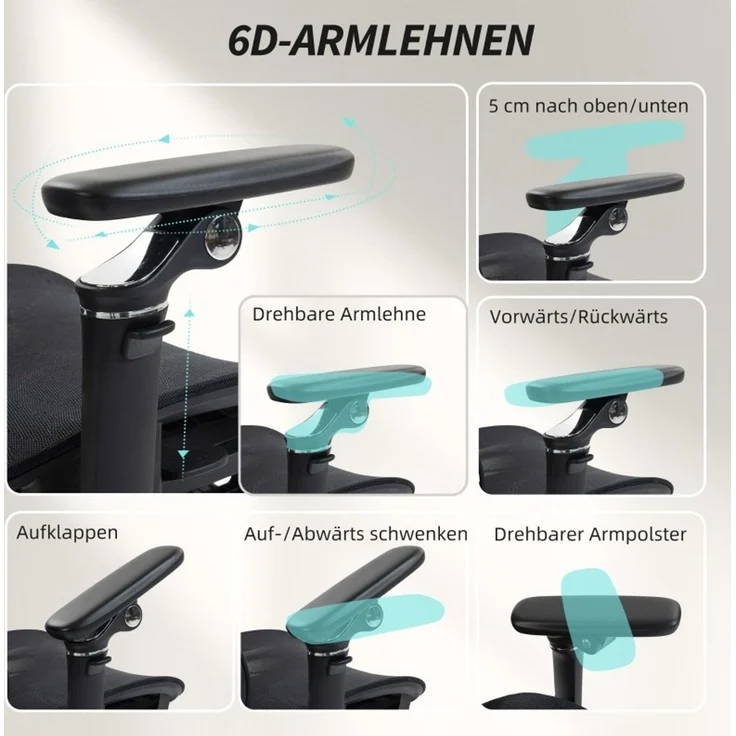 Ergonomischer Bürostuhl mit Netzbezug, 6D-Armlehnen und Fußstütze, 71x67x133 cm, Schwarz – Bild 4
