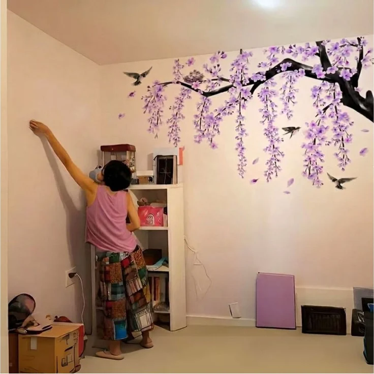 Montegoni Wandsticker Lila Kirschblüten Wandsticker Vögel Blumen Wandtattoo Wohnzimmer (Mehrteiliges Wandtattoo Set, 4 Stück Blumen Wandsticker), Selbstklebend farbstabil elegant asiatisch inspiriert – Bild 1