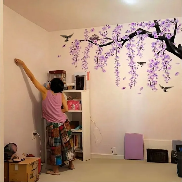 Montegoni Wandsticker Lila Kirschblüten Wandsticker Vögel Blumen Wandtattoo Wohnzimmer (Mehrteiliges Wandtattoo Set, 4 Stück Blumen Wandsticker), Selbstklebend farbstabil elegant asiatisch inspiriert