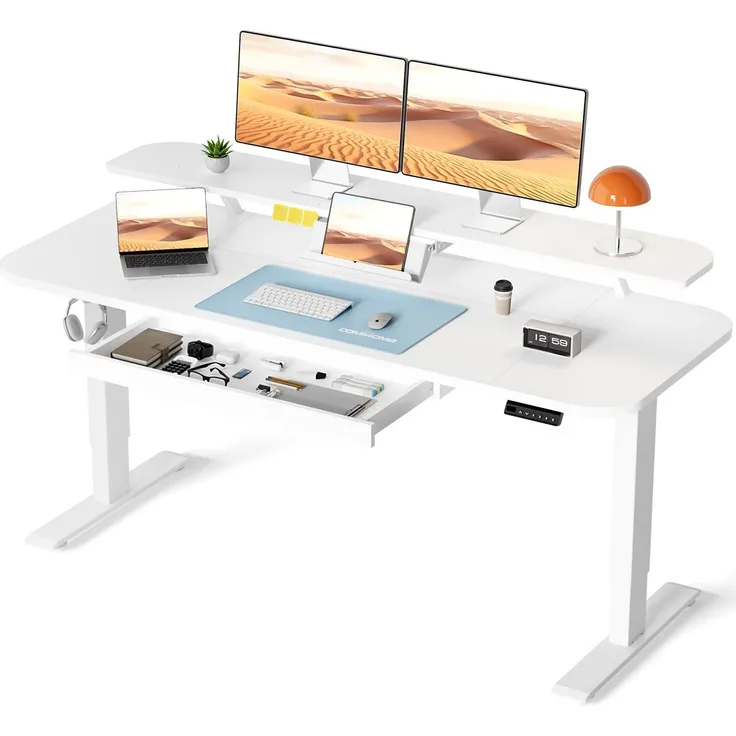 COMHOMA Höhenverstellbarer Schreibtisch Elektrischer, 120x60cm, mit Schubladen, Monitorständer, Tablet-Ständer, mit 3 höhen Memory-Steuerung, Weiß