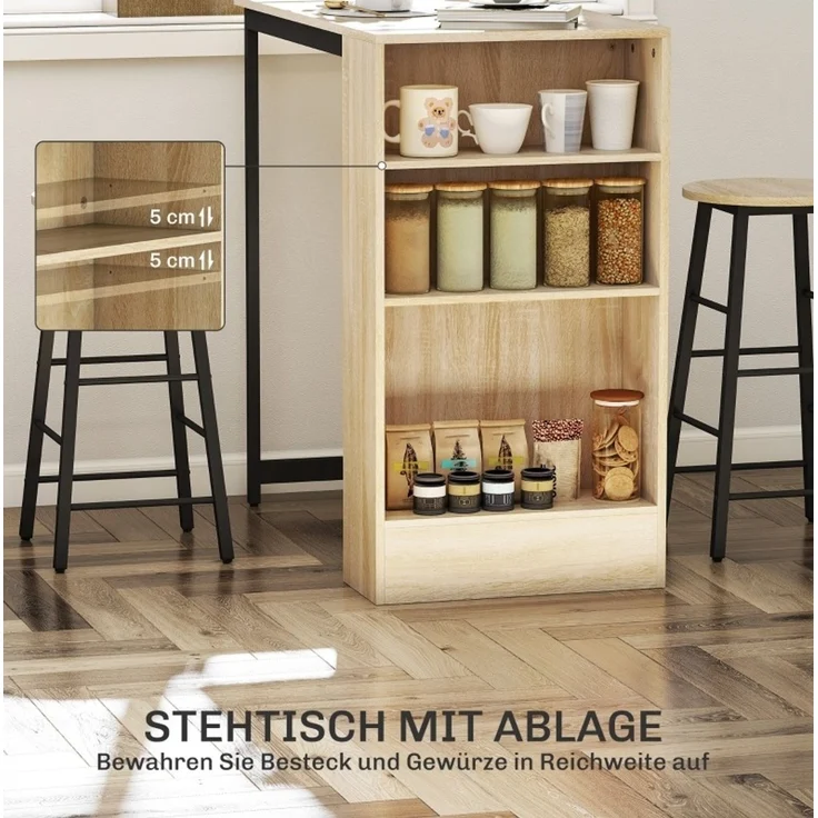 Bartisch-Set H 91 x T 49 x B 91 cm mit Stauraum, Stahl und Spanplatte in Eichenoptik, mit 2 Hockern – Bild 3
