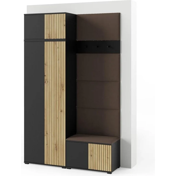 Garderoben-Set Rosario Version 2 mit Lamellen, Kleiderschrank mit Polsterplatten und Schuhschrank (Schwarz / Eiche Artisan, Trinity 08), 225 x 40 x 140 cm – Bild 1