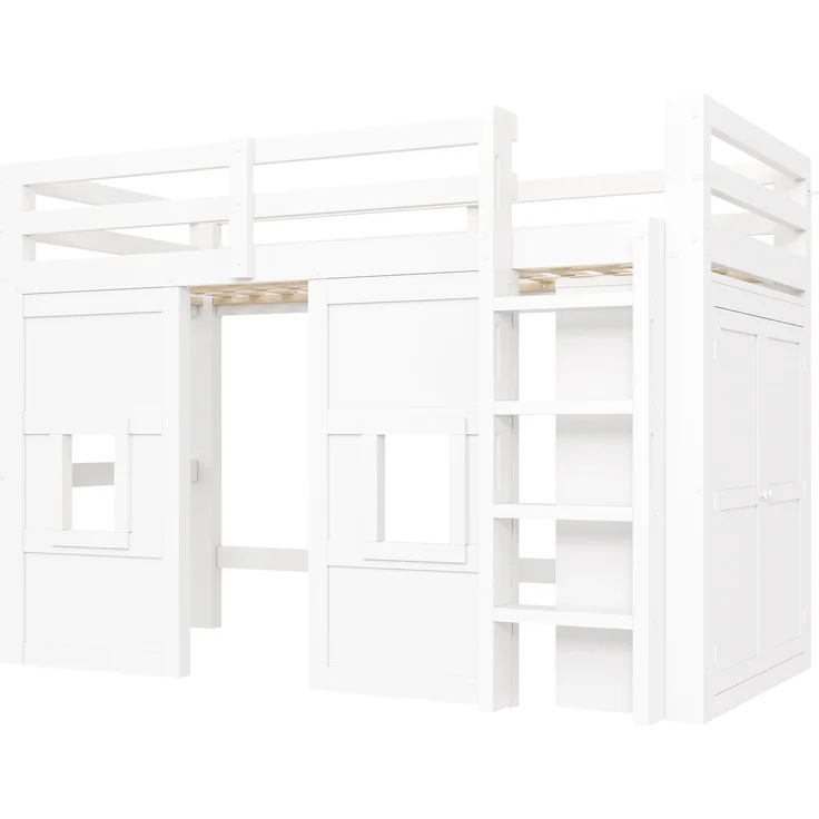 90 x 200 cm großes Hochbett aus Holz mit integriertem Kleiderschrank, 2 Fenstern und LED-Beleuchtung, weiß – Bild 8