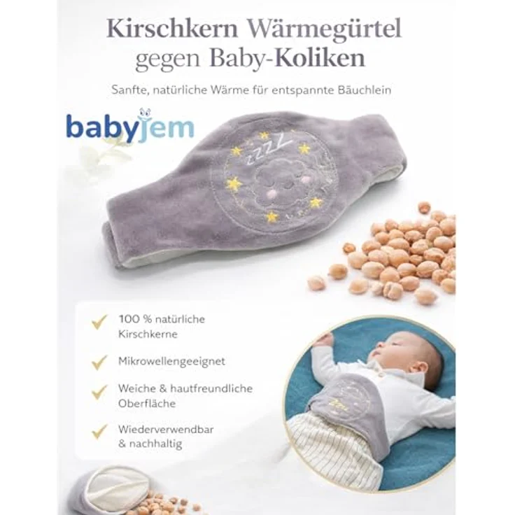 Babyjem Kirschkernkissen Baby Bauchgurt, Grau | Natürlicher Wärmegürtel gegen Koliken und Blähungen, Waschbarer Bezug, 100% Natürliche Kirschkernfüllung – Bild 6
