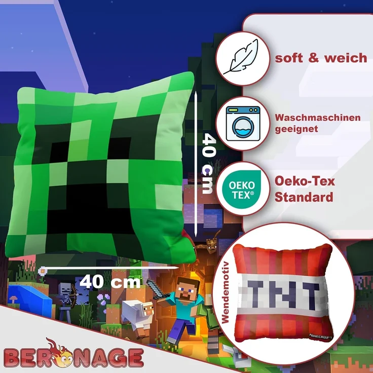 BERONAGE Dekokissen Minecraft Kissen Creeper & TNT 40x40 cm Kuschelkissen Sofakissen, passend zur Bettwäsche, ideal für Sofa, Couch, Kinder-Bett, Auto – Bild 2