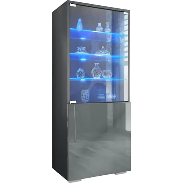 Vladon Standvitrine Granada (Vitrinenschrank, mit Glastür und Glaseinsatz inkl. LED) Anthrazit matt/Grau Hochglanz (50 x 122,5 x 34,5 cm) – Bild 2